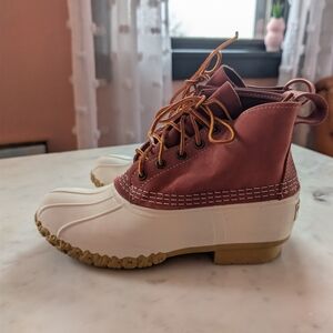 LL Bean Duck Boots Suede Leather White Maroon Limited Edition Women's Size 8.5